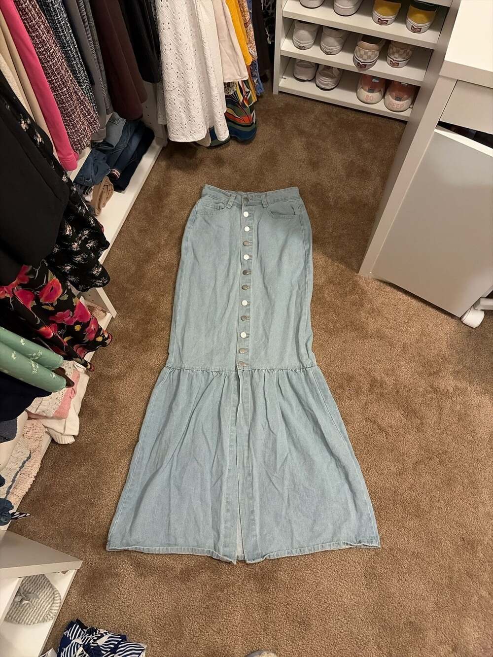 SHEIN Light Wash Button Front Denim Maxi Skirt Size XS